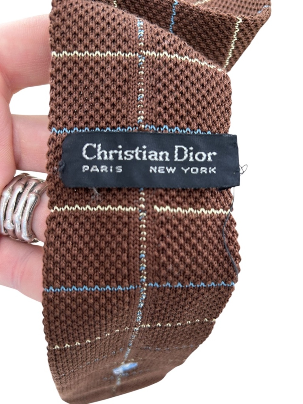 Christian Dior squared hem wool sweater brown blue stripe embroidered DIOR tie - Picture 2 of 5
